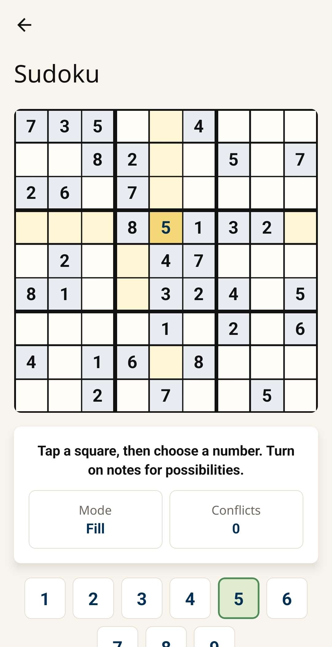 Sudoku game screen